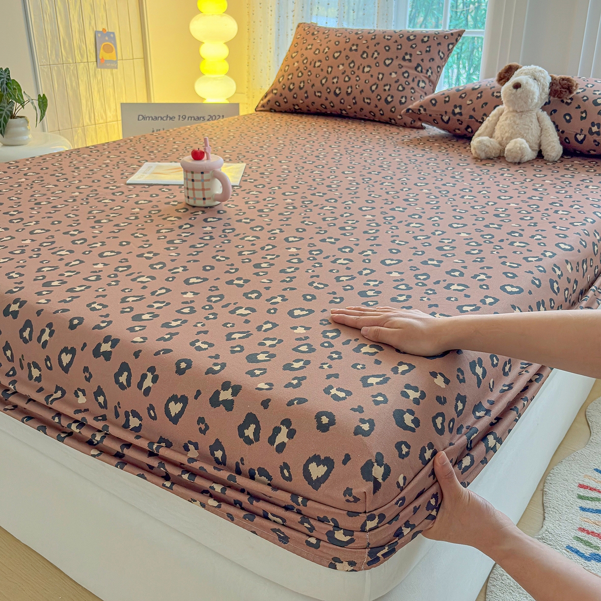 91家纺网 家纺一手货源 找家纺 慕梵家居 2026春夏新款全棉纯棉老粗布单床笠 床笠单件 豹纹-咖