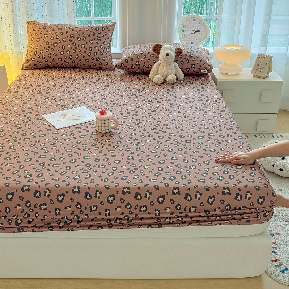 91家纺网 家纺一手货源 找家纺 慕梵家居 2026春夏新款全棉纯棉老粗布单床笠 床笠单件 豹纹-咖