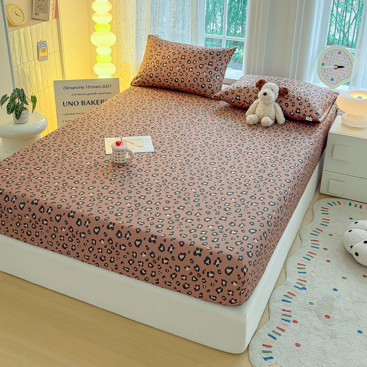 91家纺网 家纺一手货源 找家纺 慕梵家居 2026春夏新款全棉纯棉老粗布单床笠 床笠单件 豹纹-咖