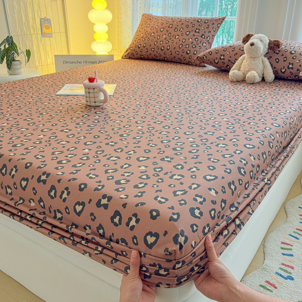 91家纺网 家纺一手货源 找家纺 慕梵家居 2026春夏新款全棉纯棉老粗布单床笠 床笠单件 豹纹-咖