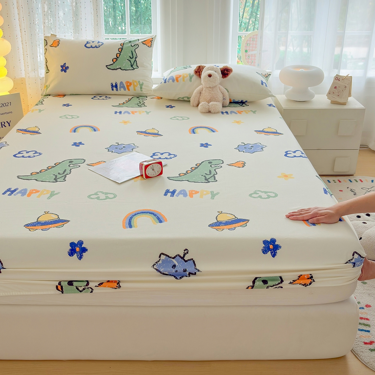 91家纺网 家纺一手货源 找家纺 慕梵家居 2026春夏新款全棉纯棉老粗布单床笠 床笠单件 彩虹飞船