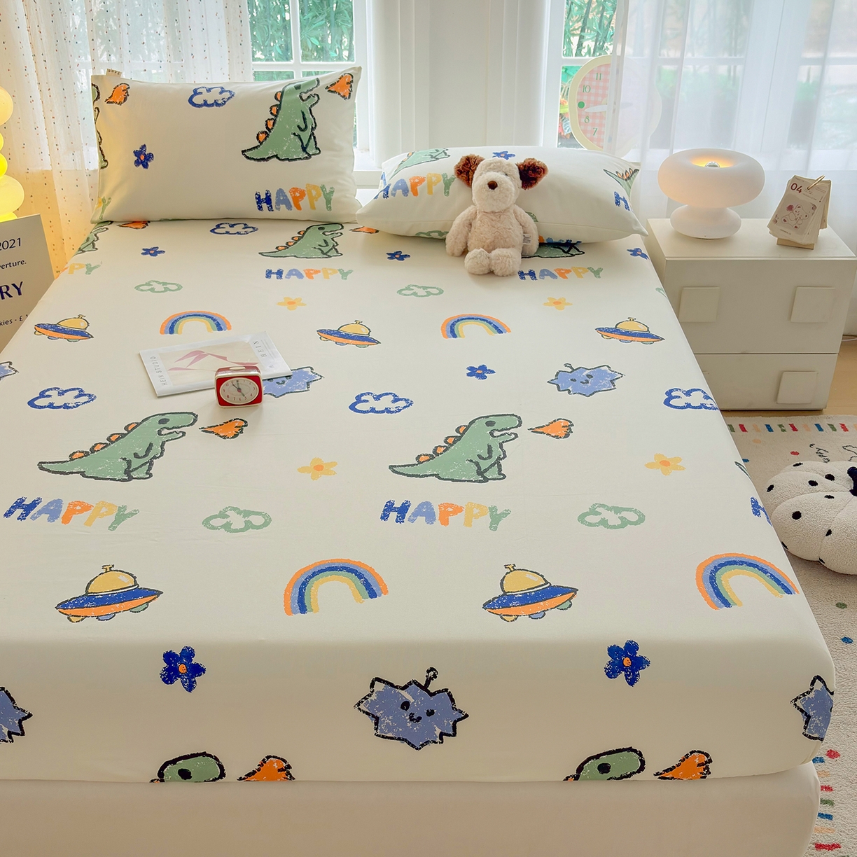 91家纺网 家纺一手货源 找家纺 慕梵家居 2026春夏新款全棉纯棉老粗布单床笠 床笠单件 彩虹飞船