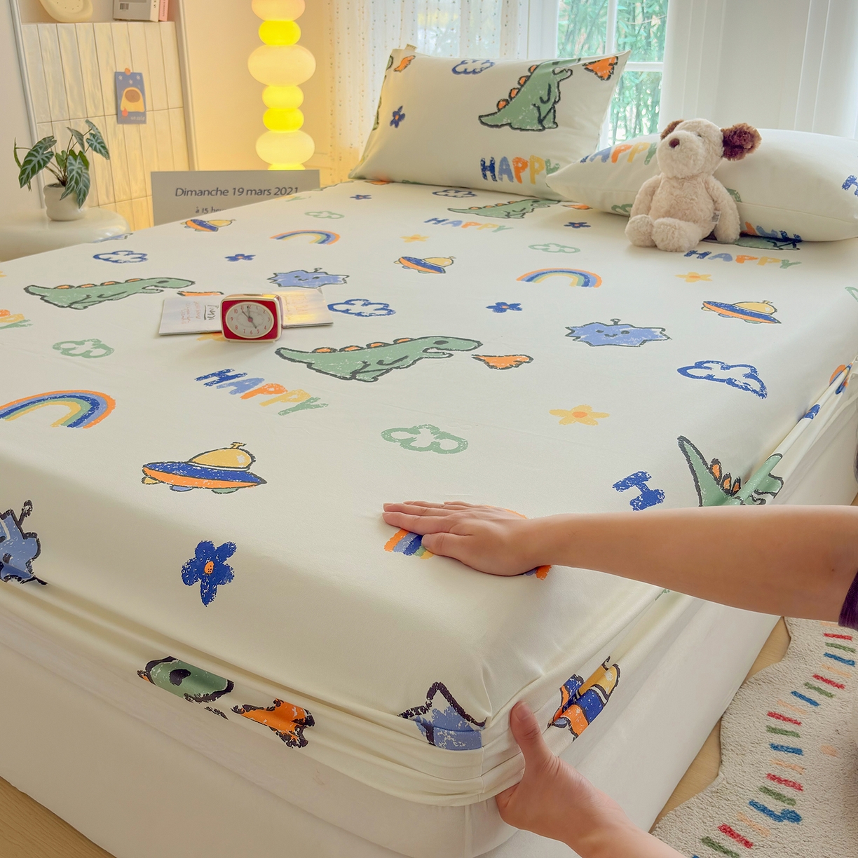 91家纺网 家纺一手货源 找家纺 慕梵家居 2026春夏新款全棉纯棉老粗布单床笠 床笠单件 彩虹飞船