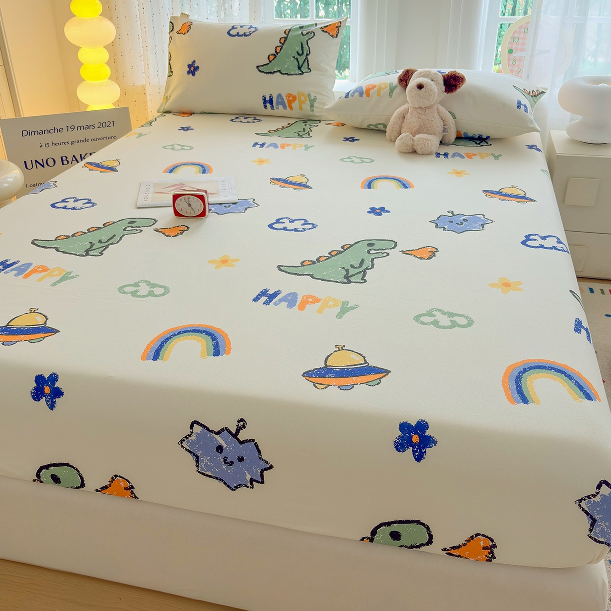 91家纺网 家纺一手货源 找家纺 慕梵家居 2026春夏新款全棉纯棉老粗布单床笠 床笠单件 彩虹飞船