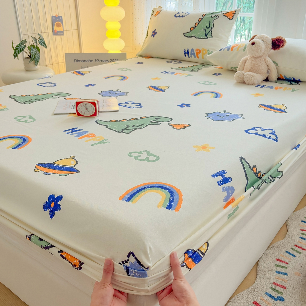 91家纺网 家纺一手货源 找家纺 慕梵家居 2026春夏新款全棉纯棉老粗布单床笠 床笠单件 彩虹飞船