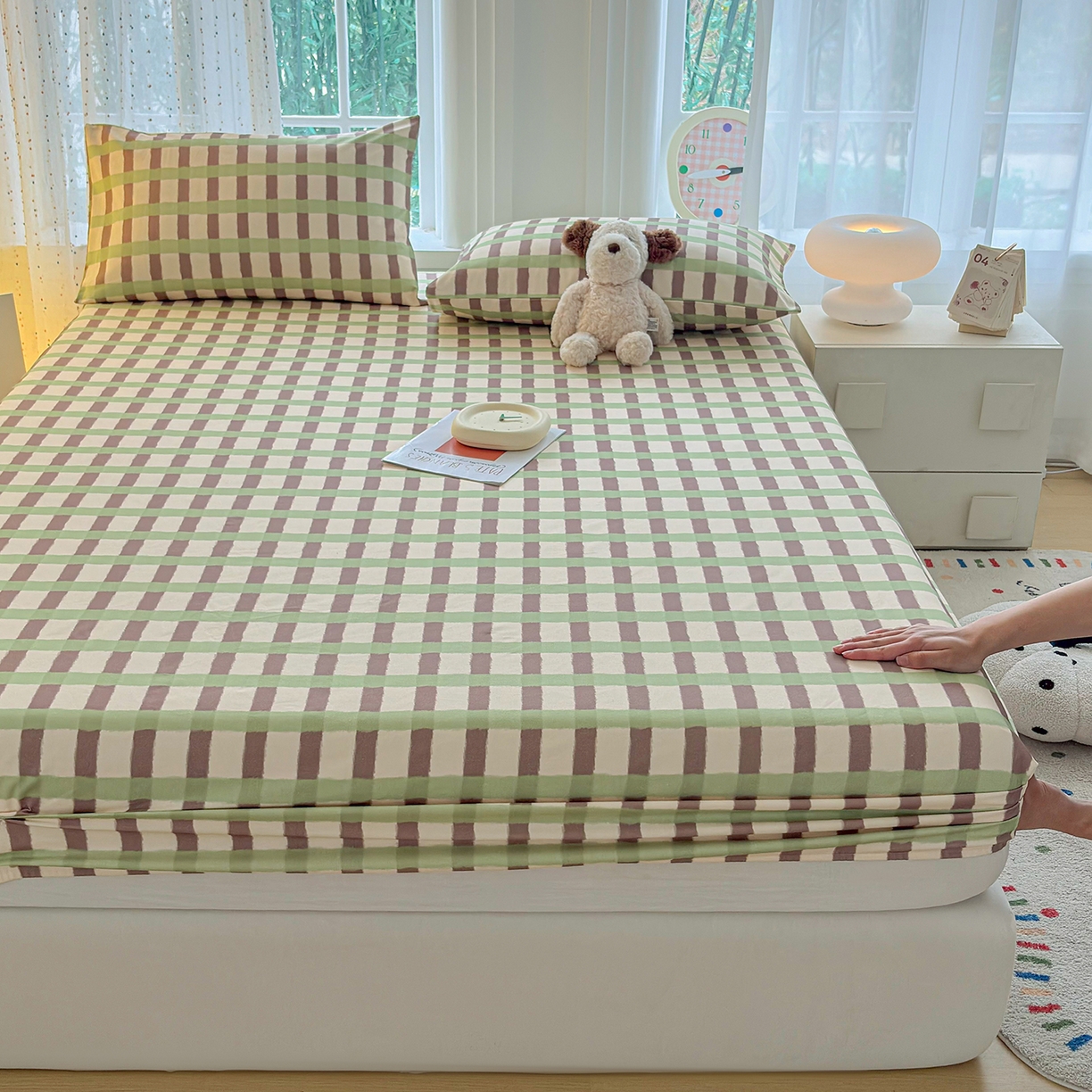 91家纺网 家纺一手货源 找家纺 慕梵家居 2026春夏新款全棉纯棉老粗布单床笠 床笠单件 格言-绿