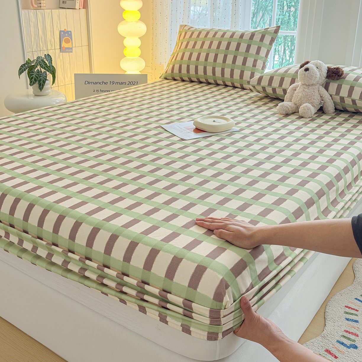 91家纺网 家纺一手货源 找家纺 慕梵家居 2026春夏新款全棉纯棉老粗布单床笠 床笠单件 格言-绿