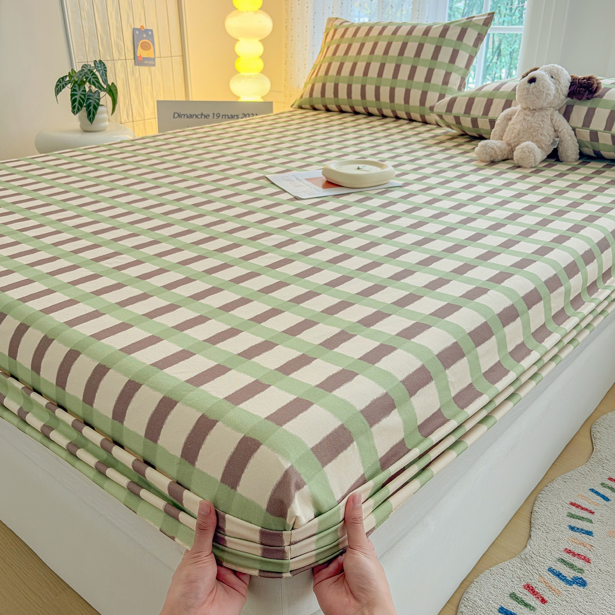 91家纺网 家纺一手货源 找家纺 慕梵家居 2026春夏新款全棉纯棉老粗布单床笠 床笠单件 格言-绿