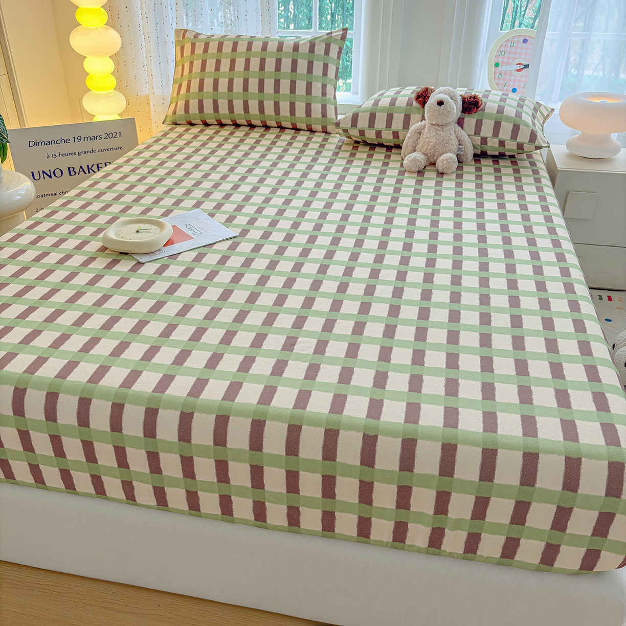 91家纺网 家纺一手货源 找家纺 慕梵家居 2026春夏新款全棉纯棉老粗布单床笠 床笠单件 格言-绿