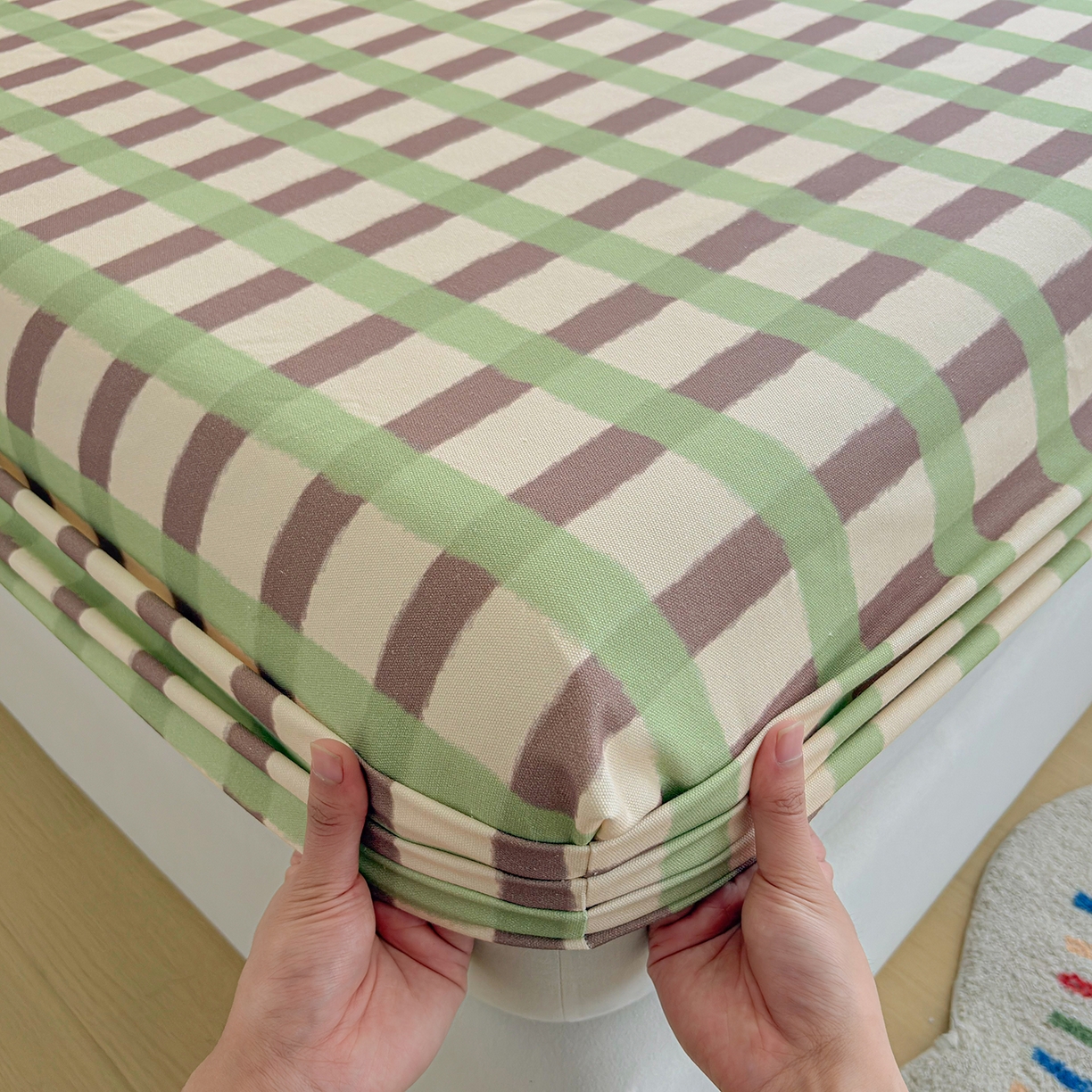 91家纺网 家纺一手货源 找家纺 慕梵家居 2026春夏新款全棉纯棉老粗布单床笠 床笠单件 格言-绿