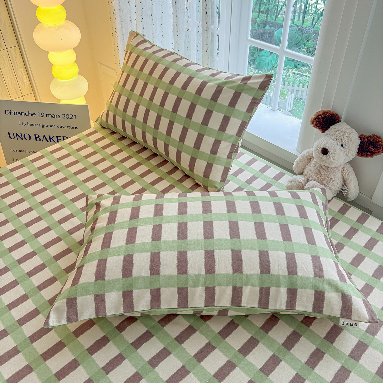 91家纺网 家纺一手货源 找家纺 慕梵家居 2026春夏新款全棉纯棉老粗布单床笠 床笠单件 格言-绿