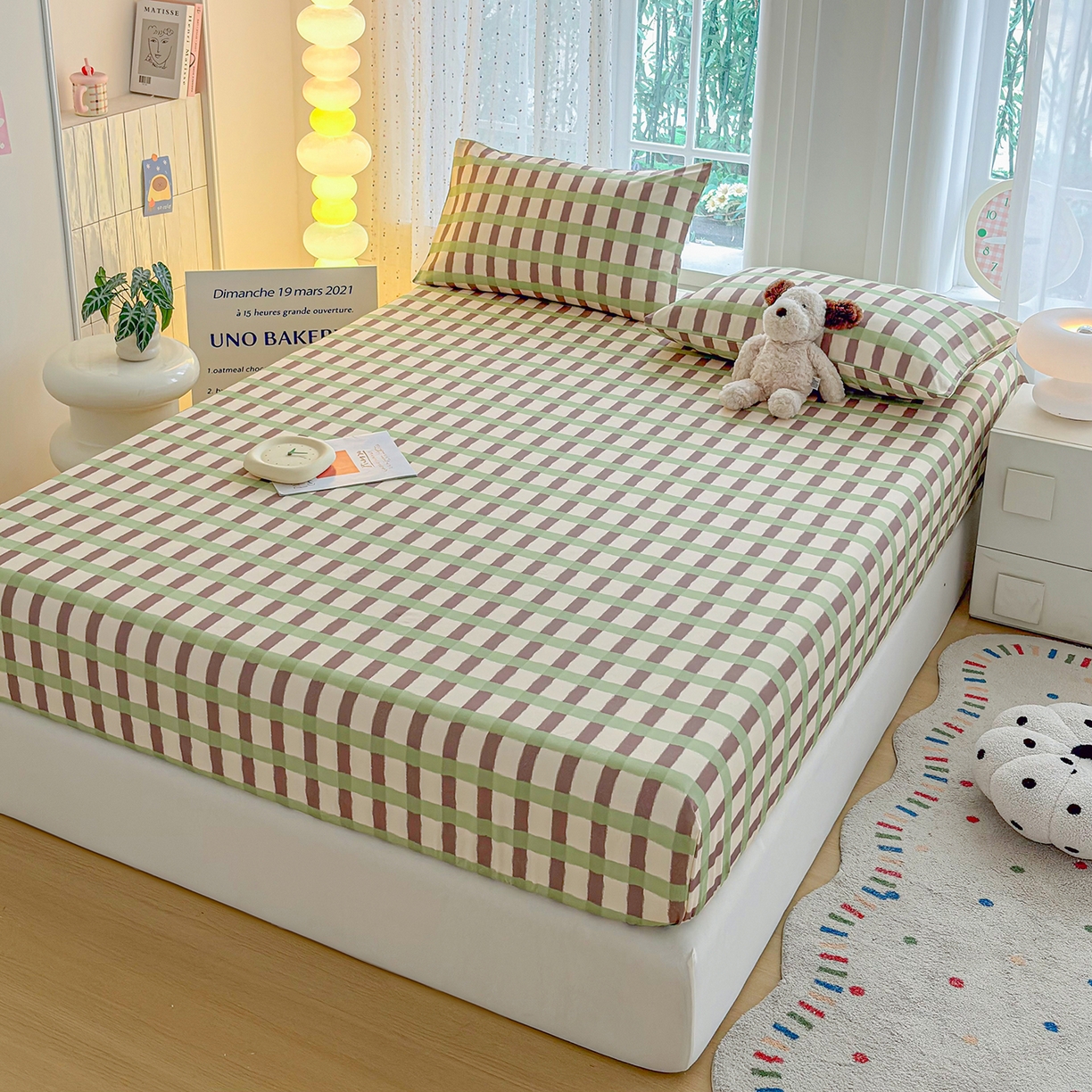 91家纺网 家纺一手货源 找家纺 慕梵家居 2026春夏新款全棉纯棉老粗布单床笠 床笠单件 格言-绿