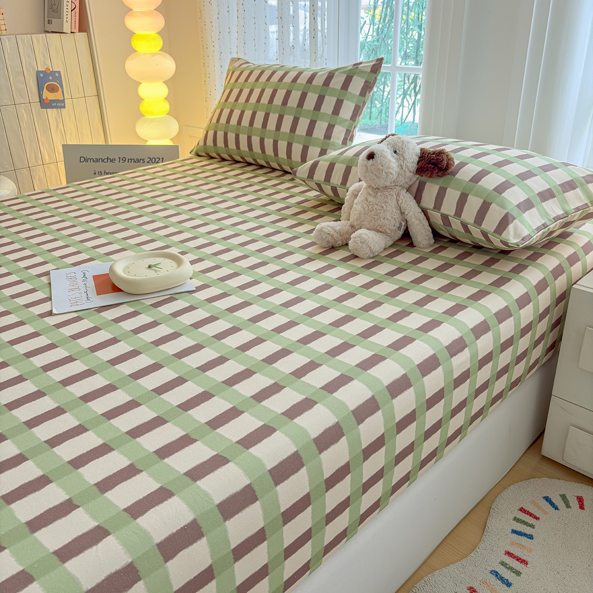 91家纺网 家纺一手货源 找家纺 慕梵家居 2026春夏新款全棉纯棉老粗布单床笠 床笠单件 格言-绿