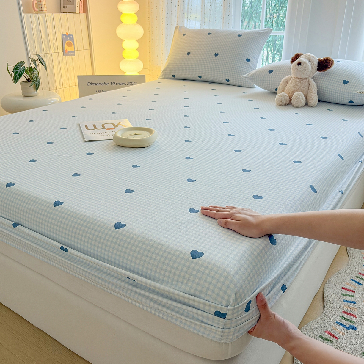 91家纺网 家纺一手货源 找家纺 慕梵家居 2026春夏新款全棉纯棉老粗布单床笠 床笠单件 兰爱心