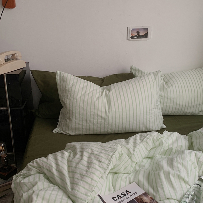 91家纺网 家纺一手货源 找家纺  柚可家居 2025新款全棉色织水洗棉四件套-绿鸭湖 绿鸭湖（枕套绿条纹）