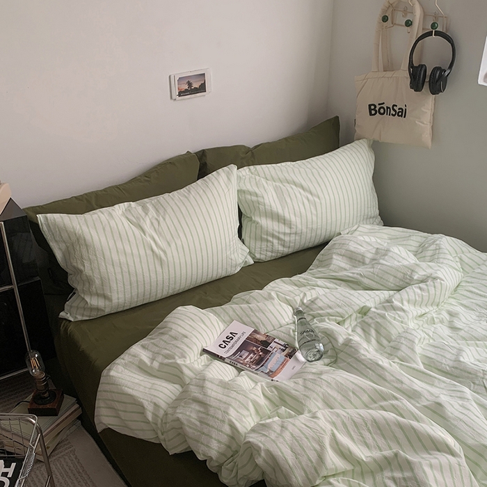 91家纺网 家纺一手货源 找家纺  柚可家居 2025新款全棉色织水洗棉四件套-绿鸭湖 绿鸭湖（枕套绿条纹）