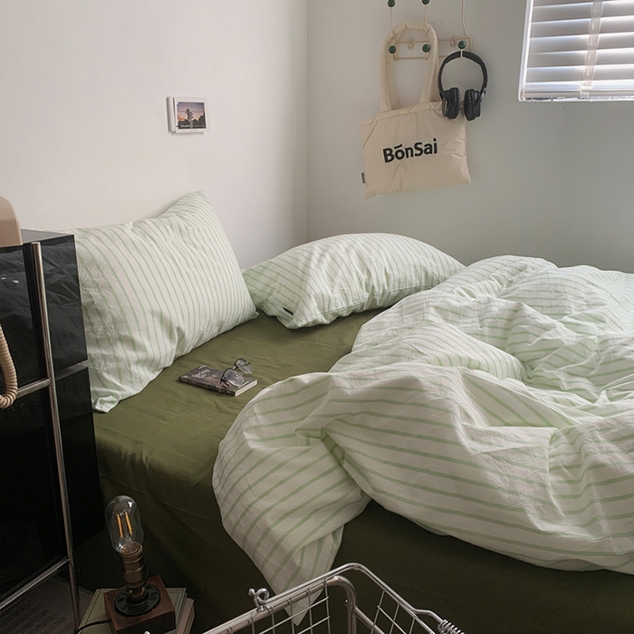 91家纺网 家纺一手货源 找家纺  柚可家居 2025新款全棉色织水洗棉四件套-绿鸭湖 绿鸭湖（枕套绿条纹）