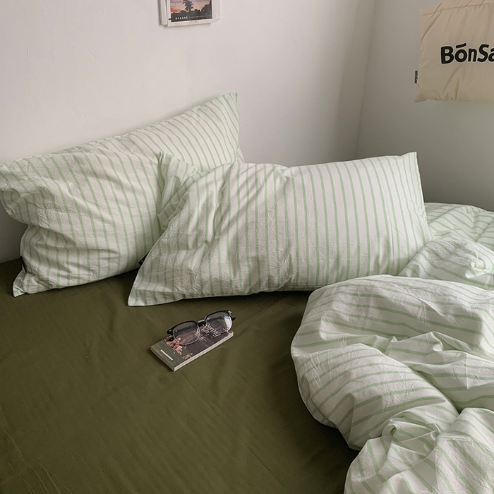 91家纺网 家纺一手货源 找家纺  柚可家居 2025新款全棉色织水洗棉四件套-绿鸭湖 绿鸭湖（枕套绿条纹）