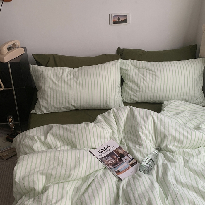 91家纺网 家纺一手货源 找家纺  柚可家居 2025新款全棉色织水洗棉四件套-绿鸭湖 绿鸭湖（枕套绿条纹）