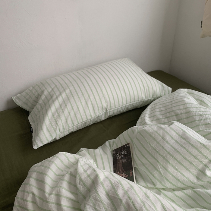 91家纺网 家纺一手货源 找家纺  柚可家居 2025新款全棉色织水洗棉四件套-绿鸭湖 绿鸭湖（枕套绿条纹）