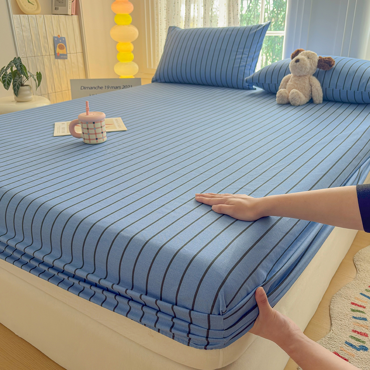 91家纺网 家纺一手货源 找家纺 慕梵家居 2026春夏新款全棉纯棉老粗布单床笠 床笠单件 兰线条