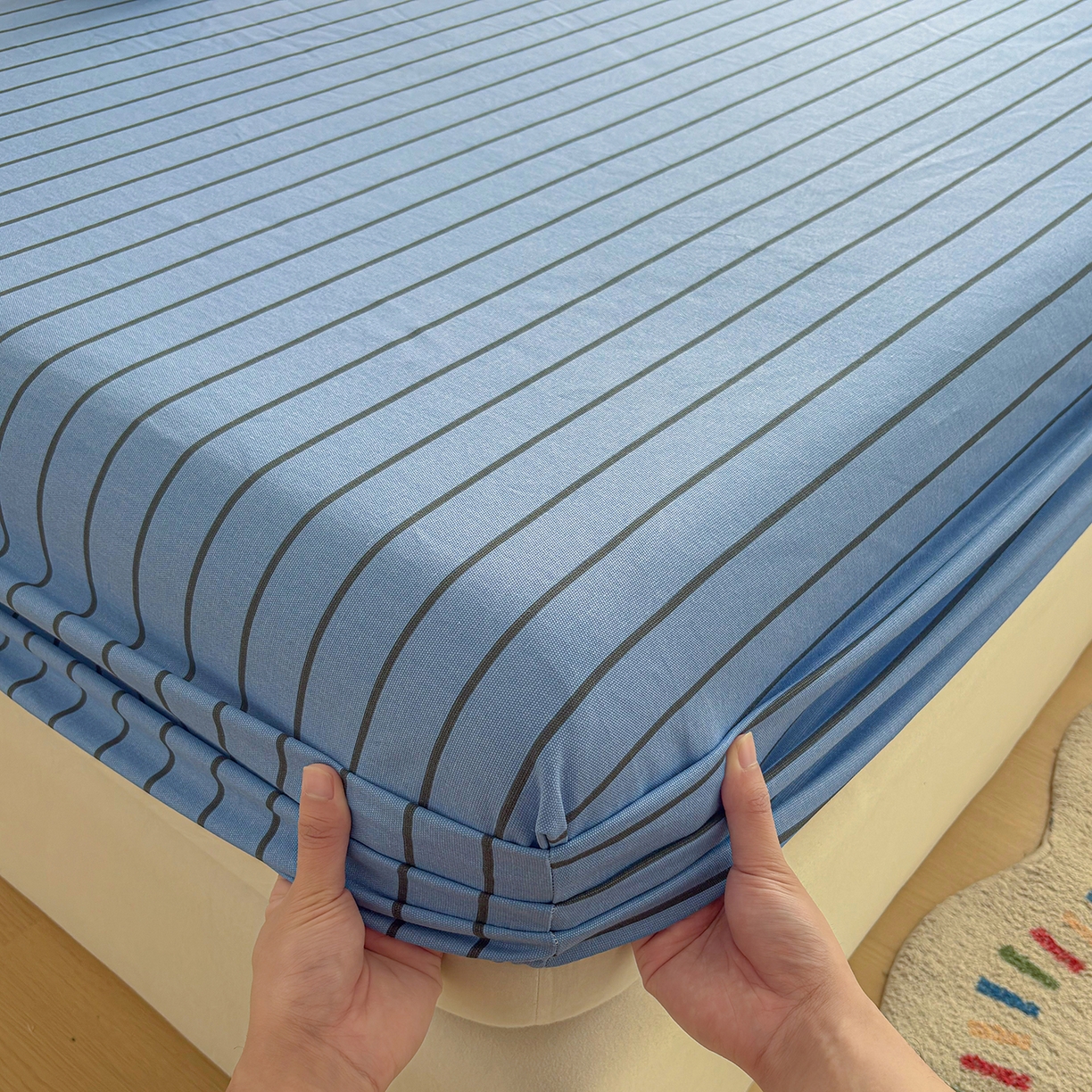 91家纺网 家纺一手货源 找家纺 慕梵家居 2026春夏新款全棉纯棉老粗布单床笠 床笠单件 兰线条