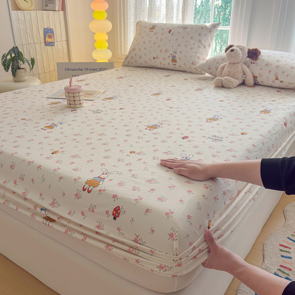 91家纺网 家纺一手货源 找家纺 慕梵家居 2026春夏新款全棉纯棉老粗布单床笠 床笠单件 蘑菇兔