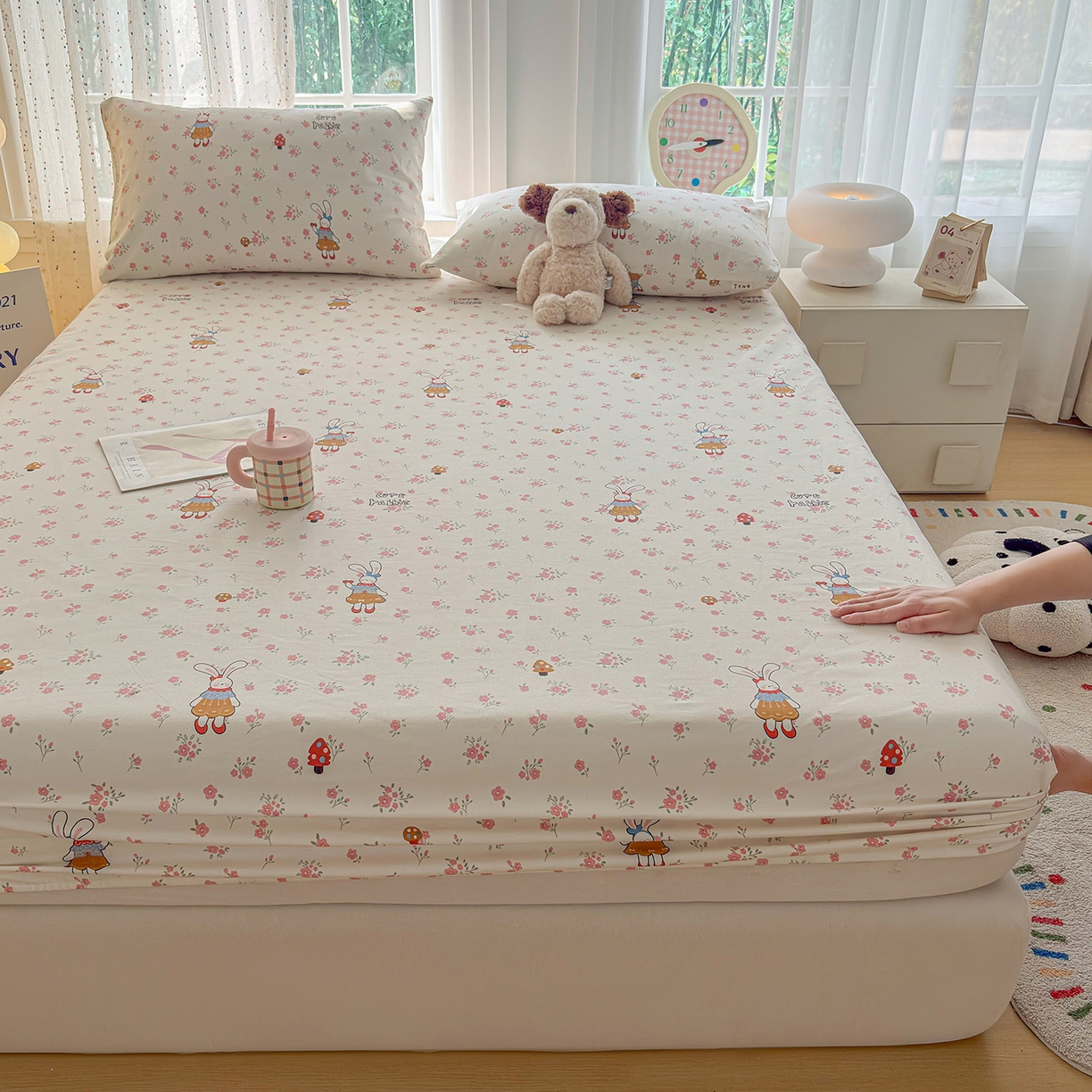 91家纺网 家纺一手货源 找家纺 慕梵家居 2026春夏新款全棉纯棉老粗布单床笠 床笠单件 蘑菇兔