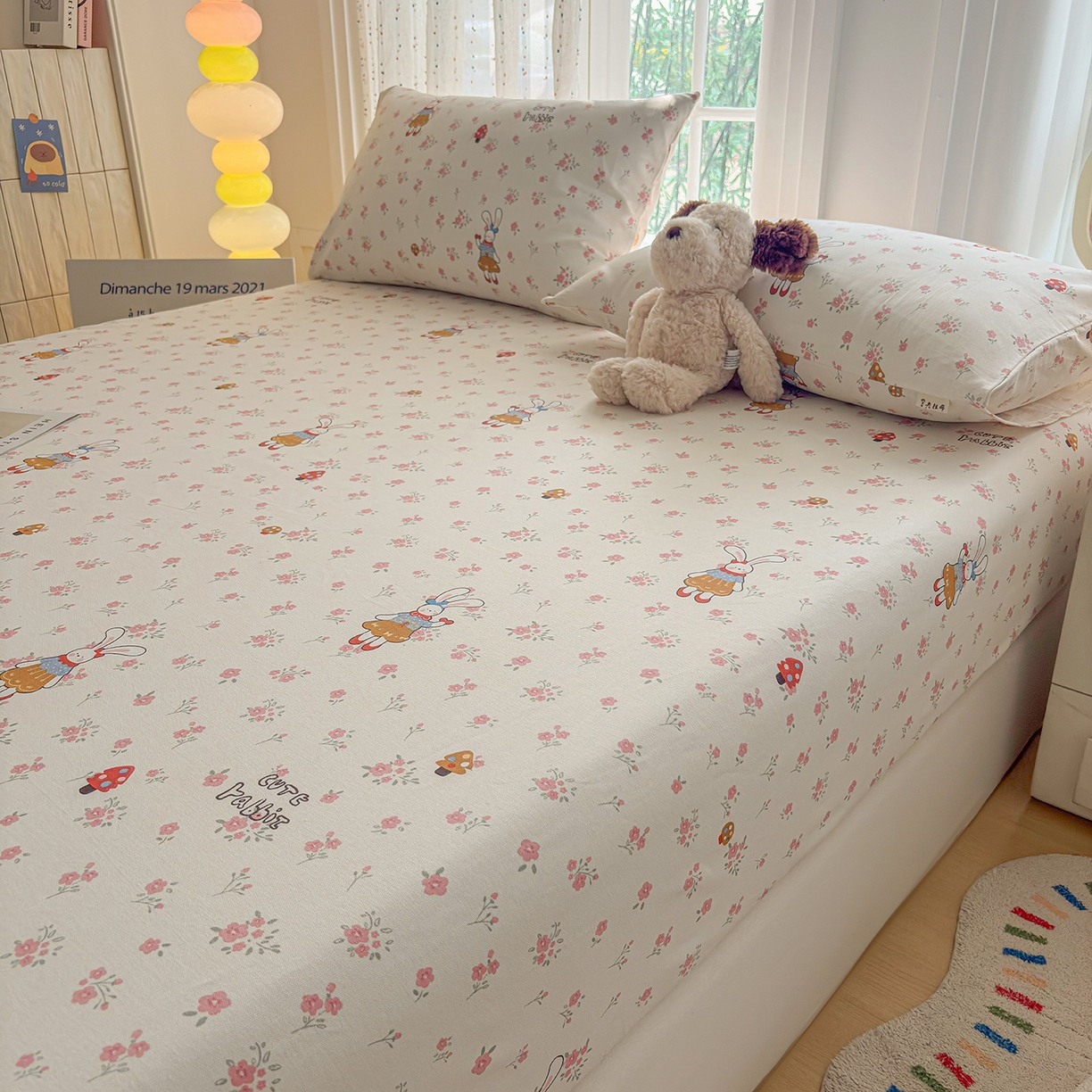 91家纺网 家纺一手货源 找家纺 慕梵家居 2026春夏新款全棉纯棉老粗布单床笠 床笠单件 蘑菇兔