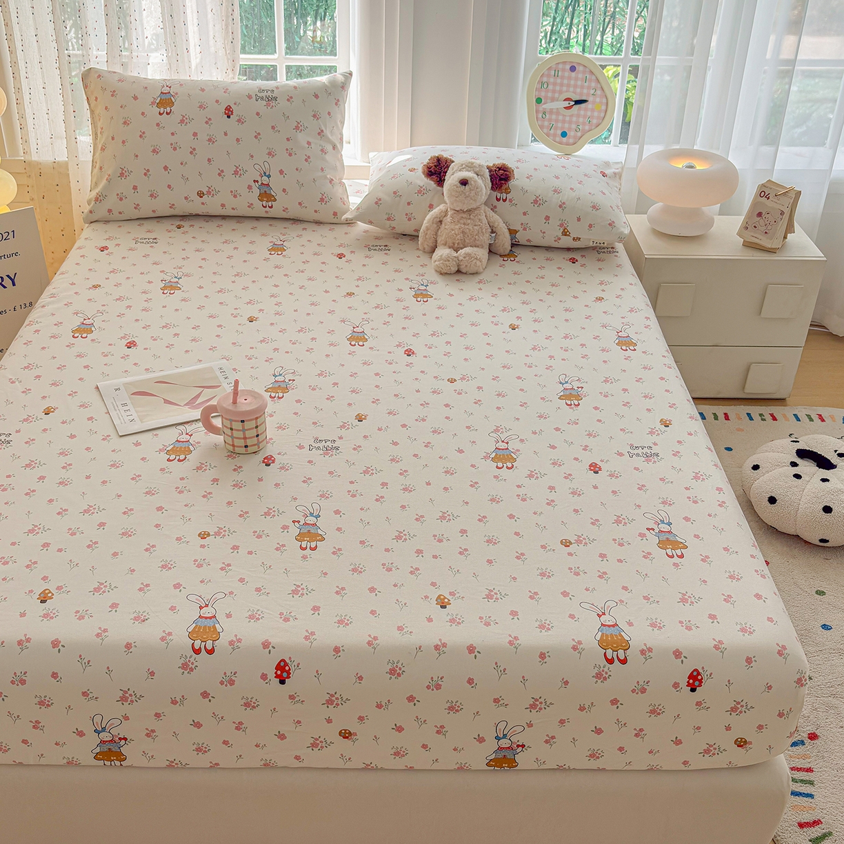 91家纺网 家纺一手货源 找家纺 慕梵家居 2026春夏新款全棉纯棉老粗布单床笠 床笠单件 蘑菇兔