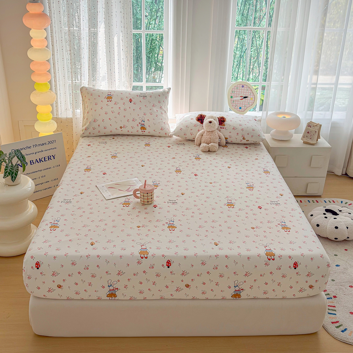 91家纺网 家纺一手货源 找家纺 慕梵家居 2026春夏新款全棉纯棉老粗布单床笠 床笠单件 蘑菇兔