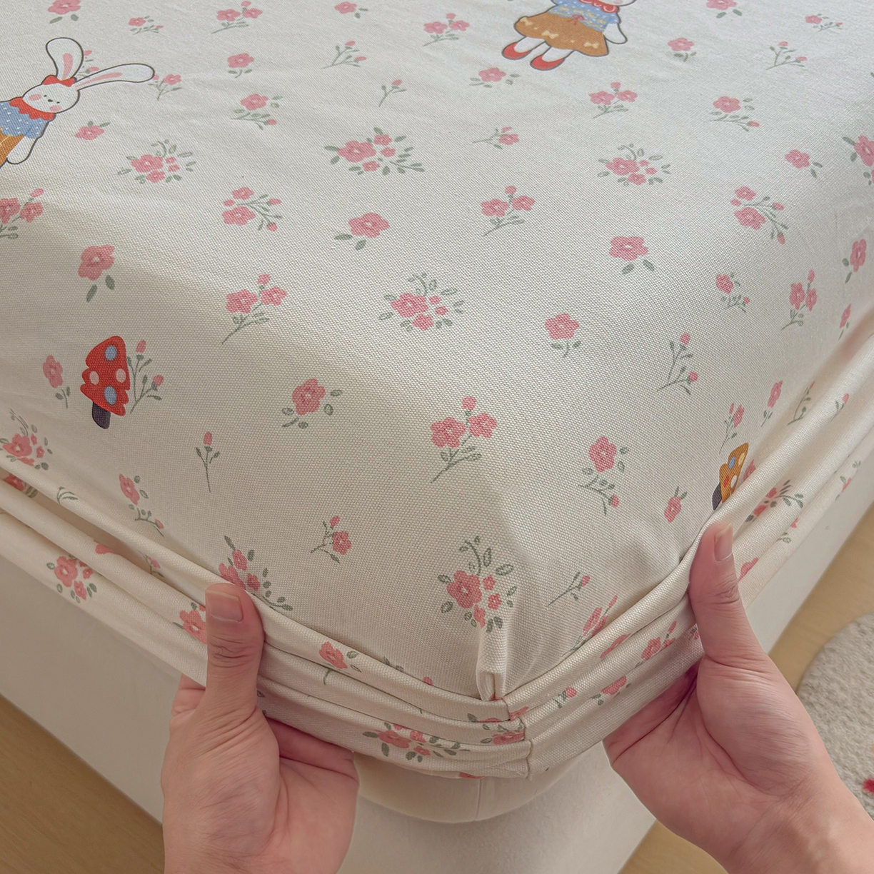 91家纺网 家纺一手货源 找家纺 慕梵家居 2026春夏新款全棉纯棉老粗布单床笠 床笠单件 蘑菇兔