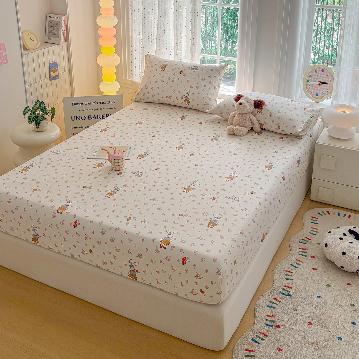 91家纺网 家纺一手货源 找家纺 慕梵家居 2026春夏新款全棉纯棉老粗布单床笠 床笠单件 蘑菇兔