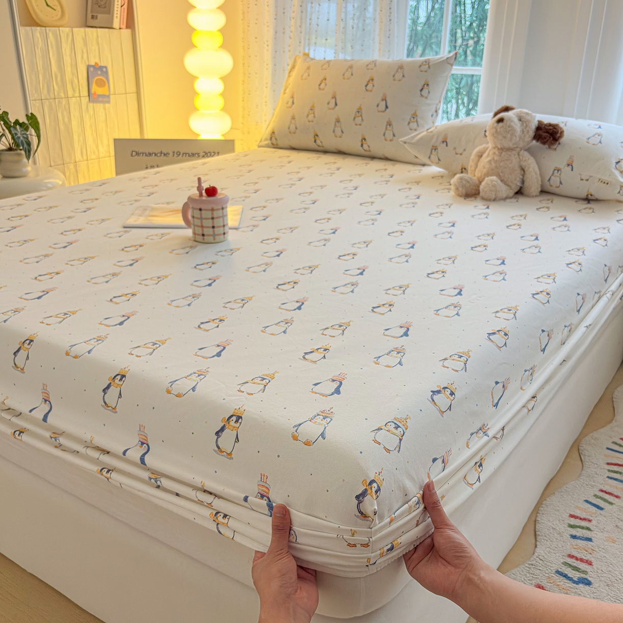 91家纺网 家纺一手货源 找家纺 慕梵家居 2026春夏新款全棉纯棉老粗布单床笠 床笠单件 企鹅