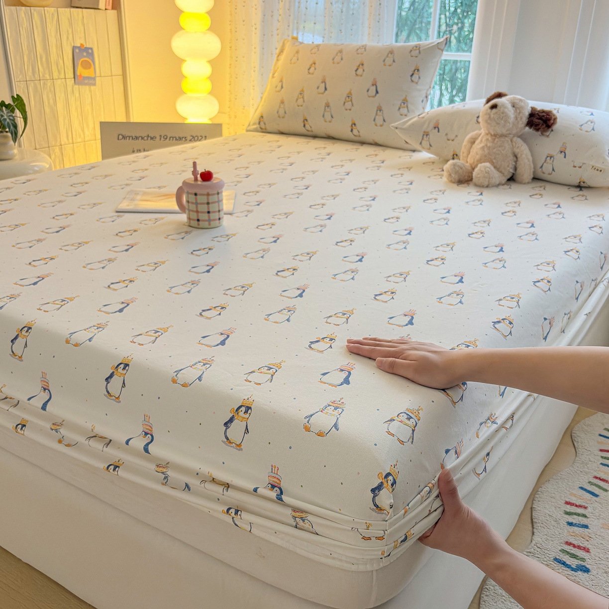 91家纺网 家纺一手货源 找家纺 慕梵家居 2026春夏新款全棉纯棉老粗布单床笠 床笠单件 企鹅