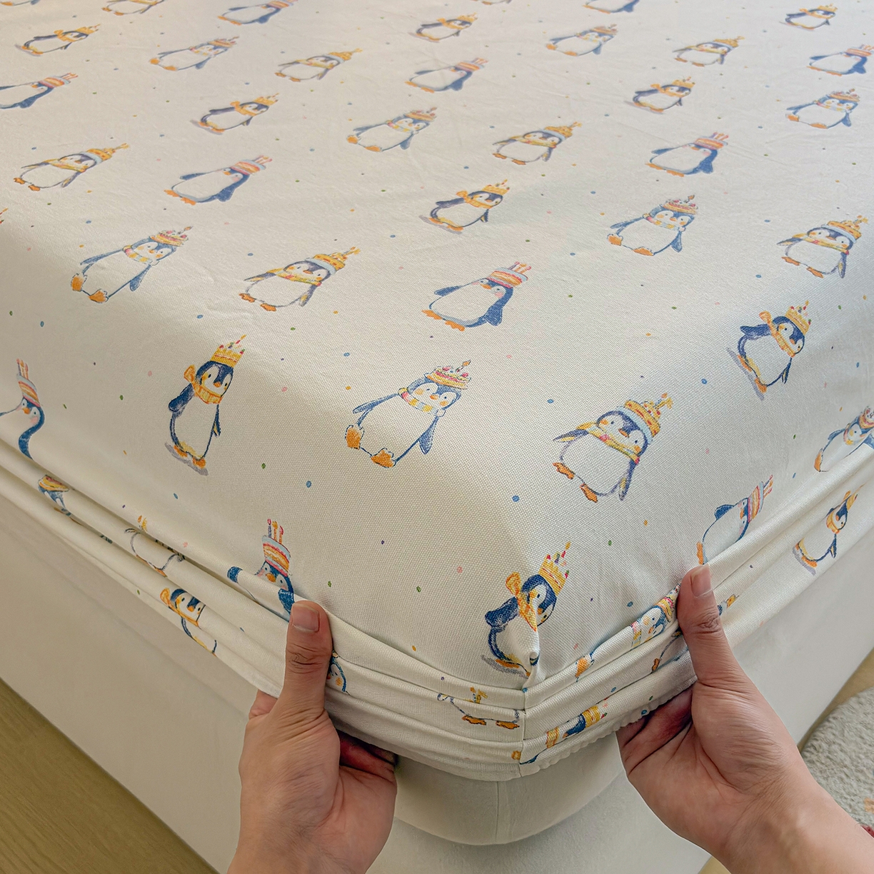 91家纺网 家纺一手货源 找家纺 慕梵家居 2026春夏新款全棉纯棉老粗布单床笠 床笠单件 企鹅