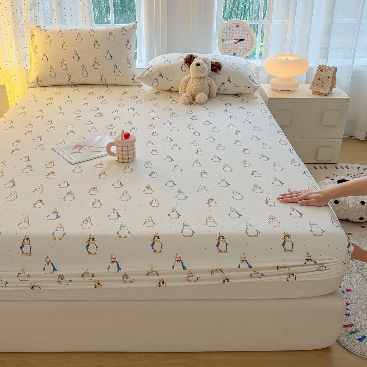 91家纺网 家纺一手货源 找家纺 慕梵家居 2026春夏新款全棉纯棉老粗布单床笠 床笠单件 企鹅