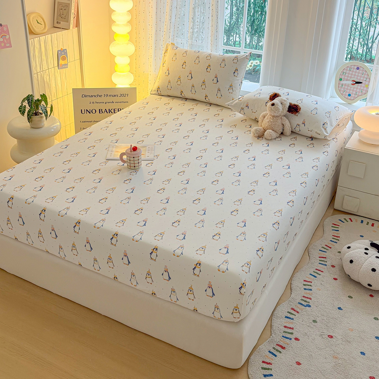 91家纺网 家纺一手货源 找家纺 慕梵家居 2026春夏新款全棉纯棉老粗布单床笠 床笠单件 企鹅