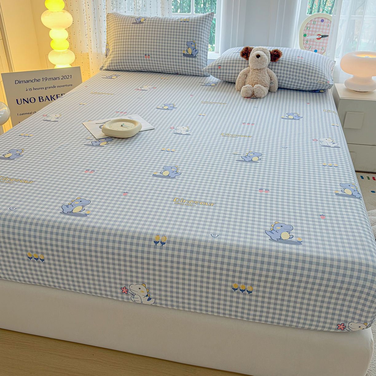 91家纺网 家纺一手货源 找家纺 慕梵家居 2026春夏新款全棉纯棉老粗布单床笠 床笠单件 小恐龙