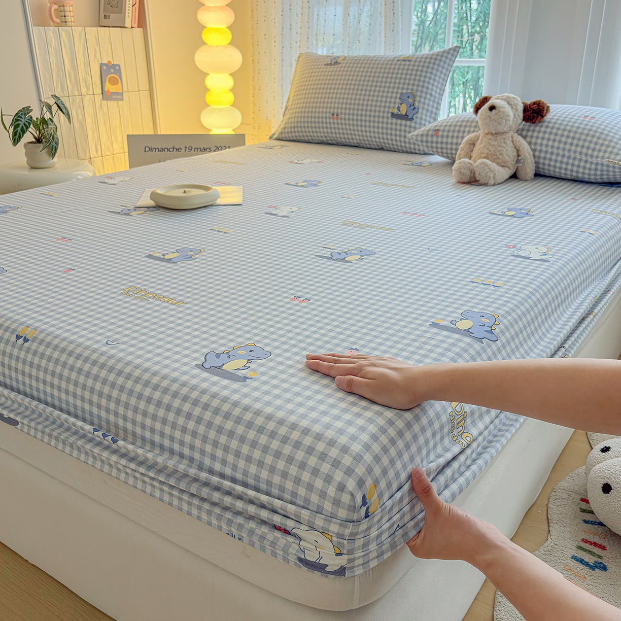 91家纺网 家纺一手货源 找家纺 慕梵家居 2026春夏新款全棉纯棉老粗布单床笠 床笠单件 小恐龙