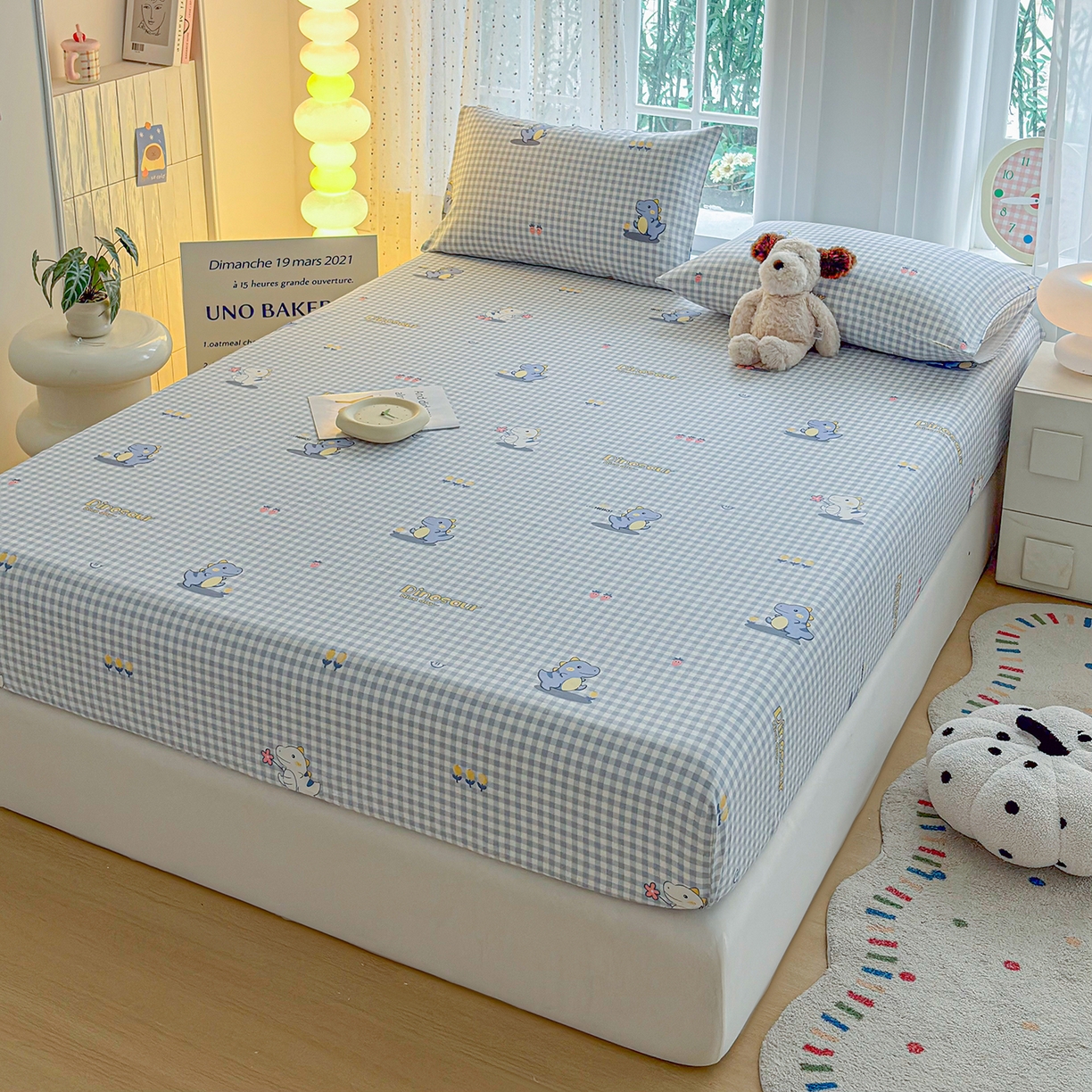 91家纺网 家纺一手货源 找家纺 慕梵家居 2026春夏新款全棉纯棉老粗布单床笠 床笠单件 小恐龙