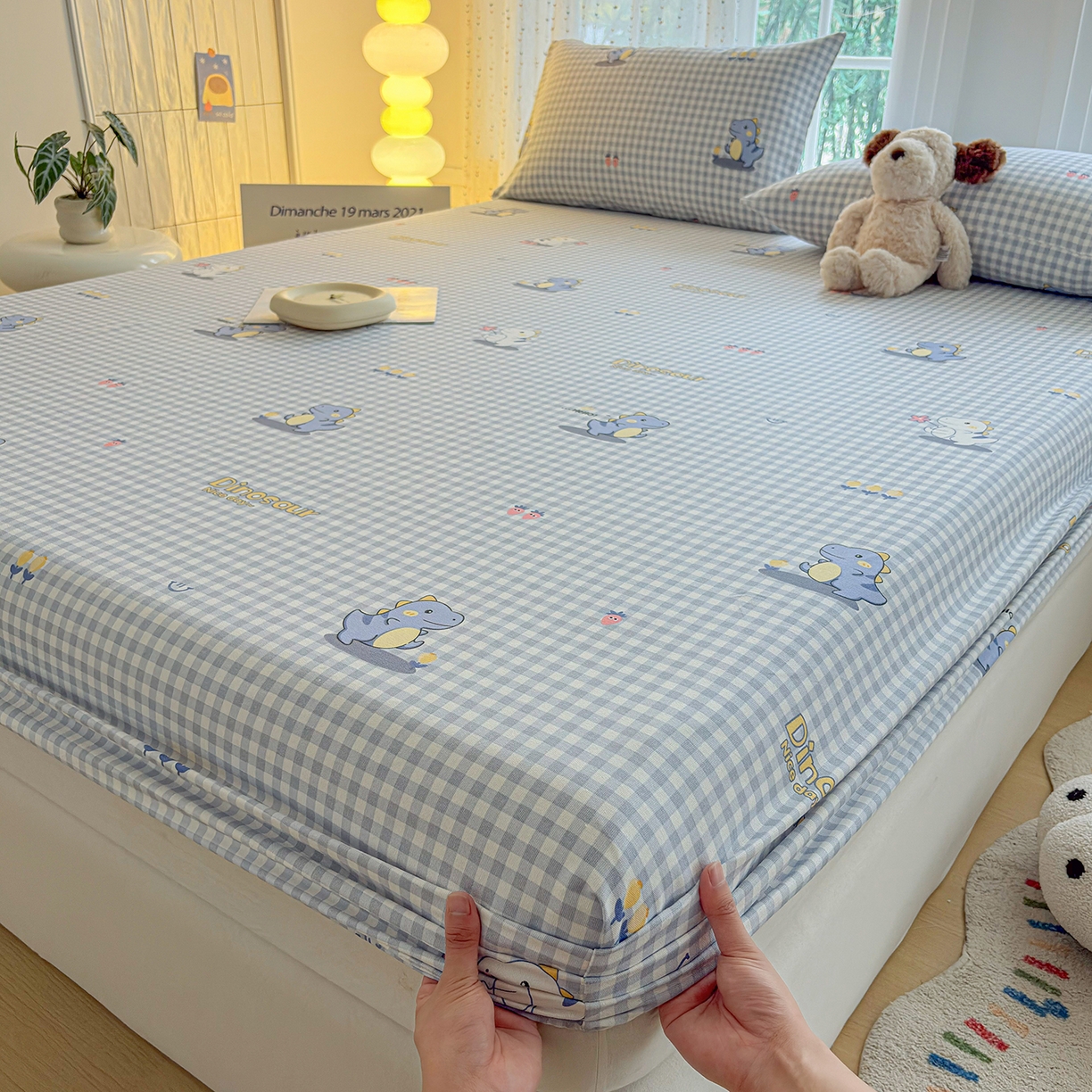 91家纺网 家纺一手货源 找家纺 慕梵家居 2026春夏新款全棉纯棉老粗布单床笠 床笠单件 小恐龙