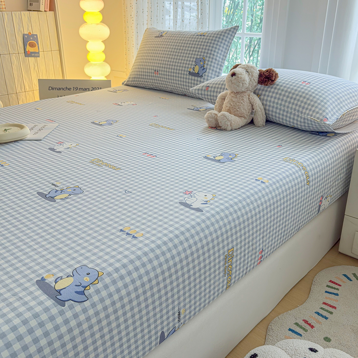 91家纺网 家纺一手货源 找家纺 慕梵家居 2026春夏新款全棉纯棉老粗布单床笠 床笠单件 小恐龙