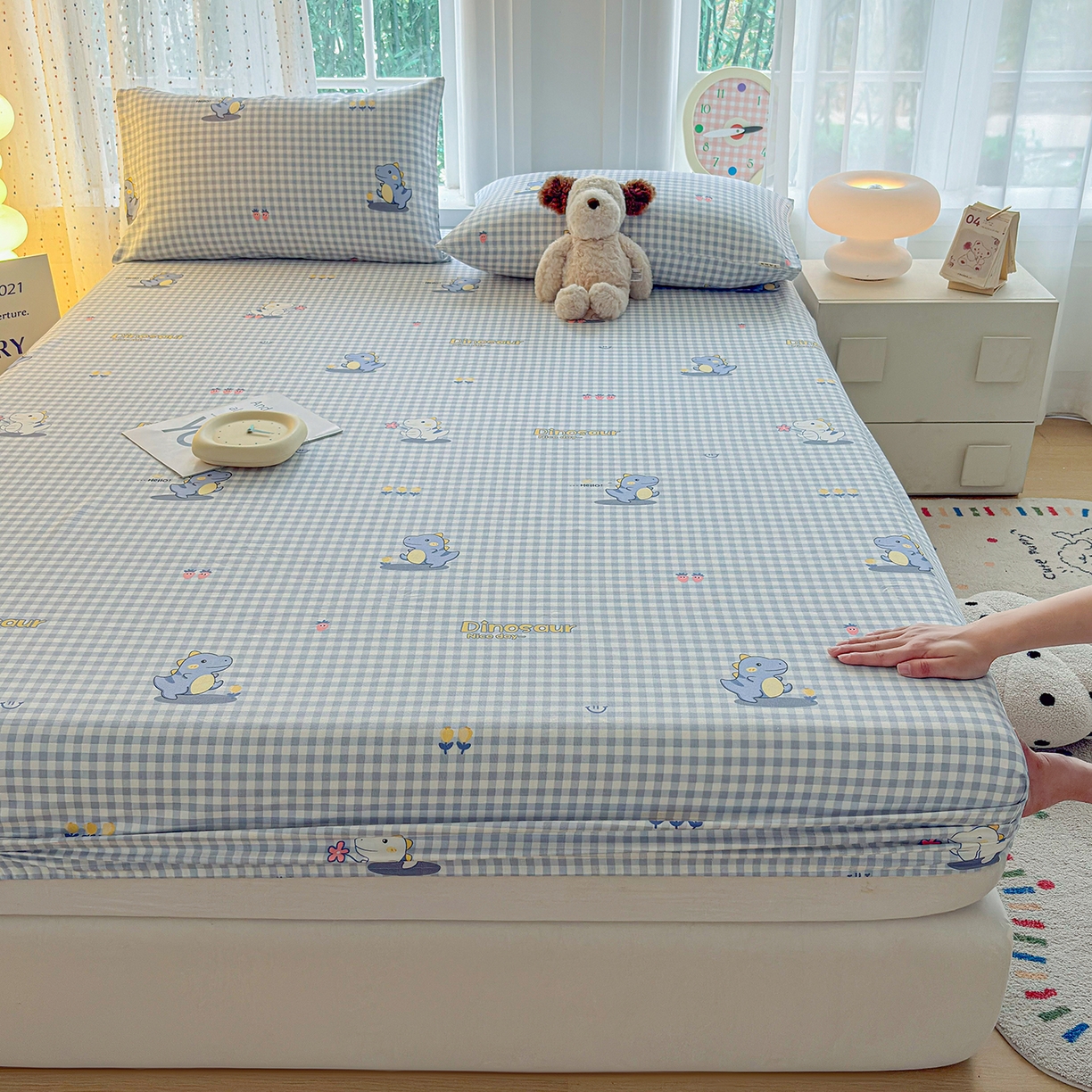 91家纺网 家纺一手货源 找家纺 慕梵家居 2026春夏新款全棉纯棉老粗布单床笠 床笠单件 小恐龙