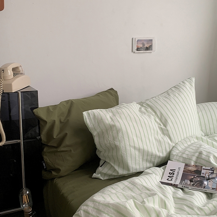 91家纺网 家纺一手货源 找家纺 柚可家居 2025新款全棉色织水洗棉四件套-绿鸭湖 绿鸭湖（枕套绿条纹+橄榄绿）