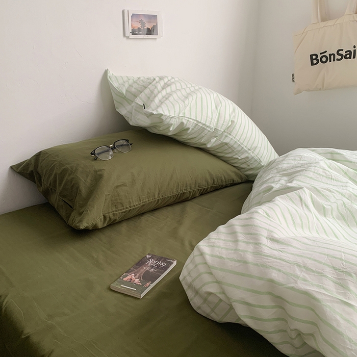 91家纺网 家纺一手货源 找家纺 柚可家居 2025新款全棉色织水洗棉四件套-绿鸭湖 绿鸭湖（枕套绿条纹+橄榄绿）