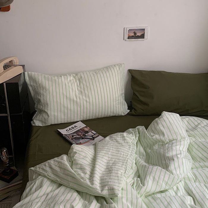 91家纺网 家纺一手货源 找家纺 柚可家居 2025新款全棉色织水洗棉四件套-绿鸭湖 绿鸭湖（枕套绿条纹+橄榄绿）