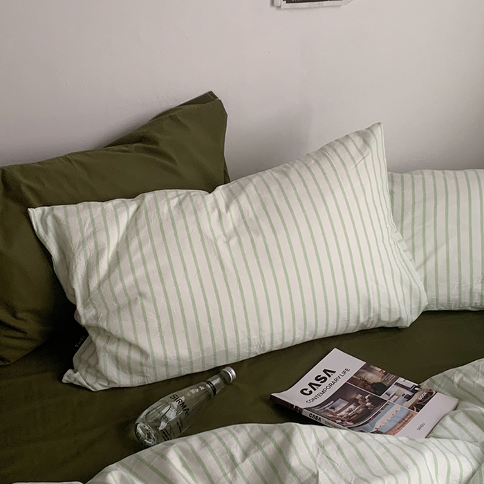 91家纺网 家纺一手货源 找家纺 柚可家居 2025新款全棉色织水洗棉四件套-绿鸭湖 绿鸭湖（枕套绿条纹+橄榄绿）