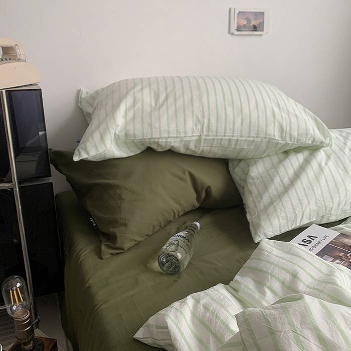 91家纺网 家纺一手货源 找家纺 柚可家居 2025新款全棉色织水洗棉四件套-绿鸭湖 绿鸭湖（枕套绿条纹+橄榄绿）
