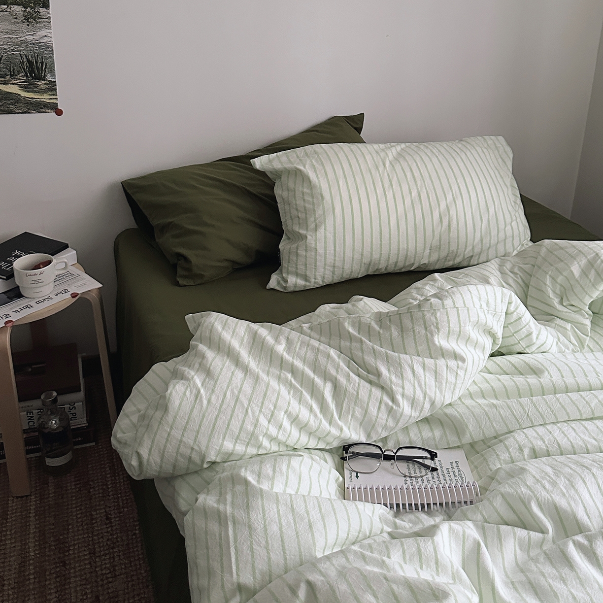 柚可家居 2025新款全棉色织水洗棉四件套-绿鸭湖 绿鸭湖（枕套绿条纹+橄榄绿）